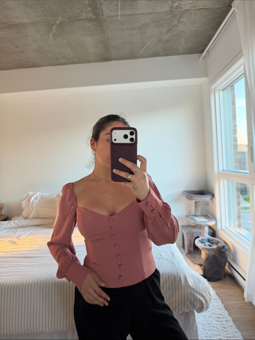 Aritzia Mauve Satin Button-Front Puff Sleeve Blouse